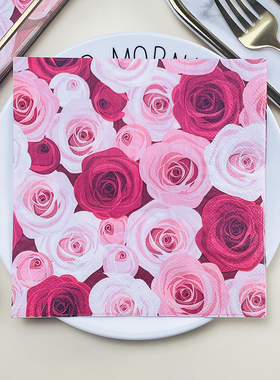 印花餐巾纸方巾纸西餐厅酒店红色玫瑰婚宴杯花纸粉色花朵彩色纸巾