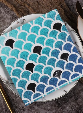 PomParty鱼鳞图案餐巾纸两层20张蓝色几何图案餐具纸一次性面巾纸