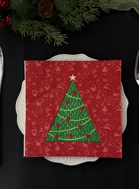 圣诞树图案红色餐巾纸复古方巾圣诞节日装饰纸巾一次性木浆面巾纸