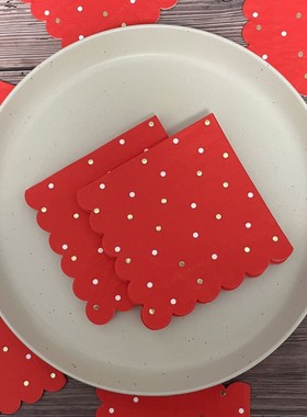 红色波浪边烫金圆点餐巾纸喜庆婚礼宴会花边摆装饰餐垫纸三层20张