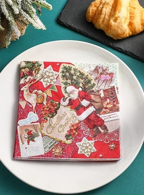 PomParty圣诞老人彩色印花餐巾纸红色圣诞元素派对一次性餐垫纸巾