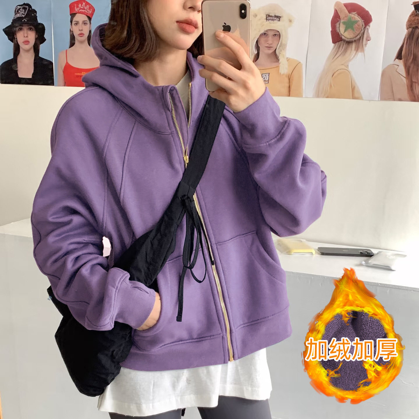 秋冬瑜伽连帽卫衣女金拉链宽松