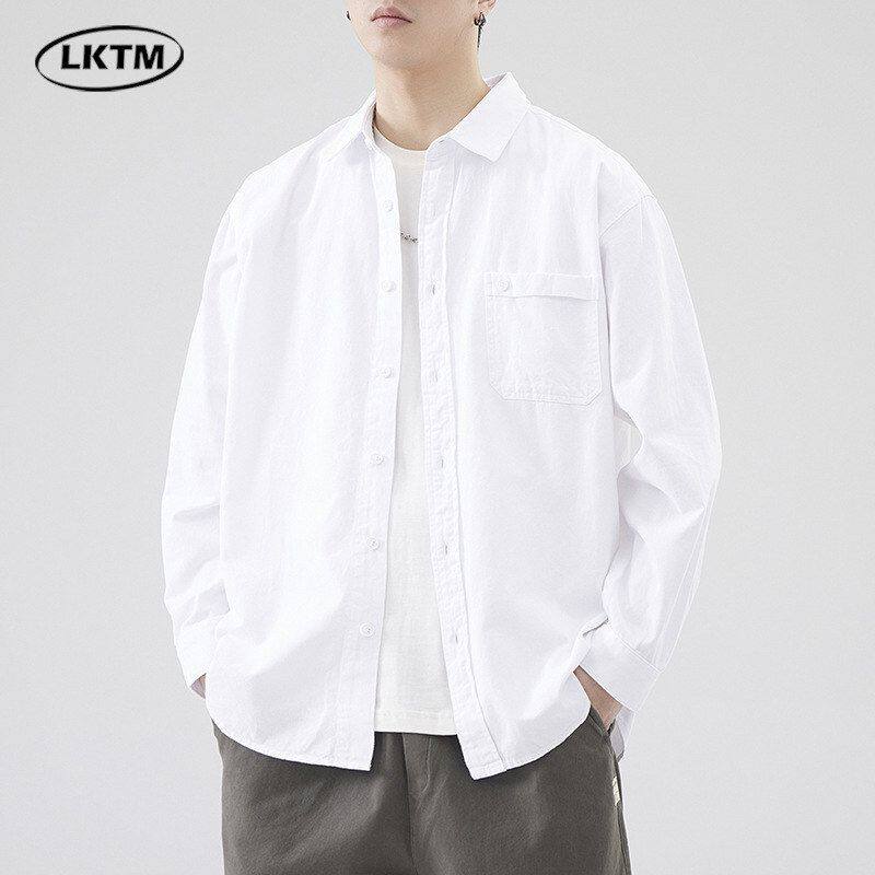 衬衫男装长袖重磅#LKTM复古美式白色纯棉外套质感衬衣男士气休闲