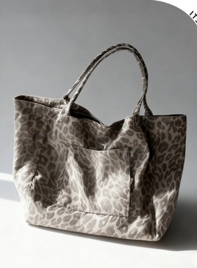 ITSOUMEI复古风豹纹帆布托特包女休闲简约大容量通用百搭单肩包