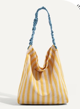ITSOUMEI松弛感复古大包包女通勤撞色条纹帆布大容量托特包单肩包