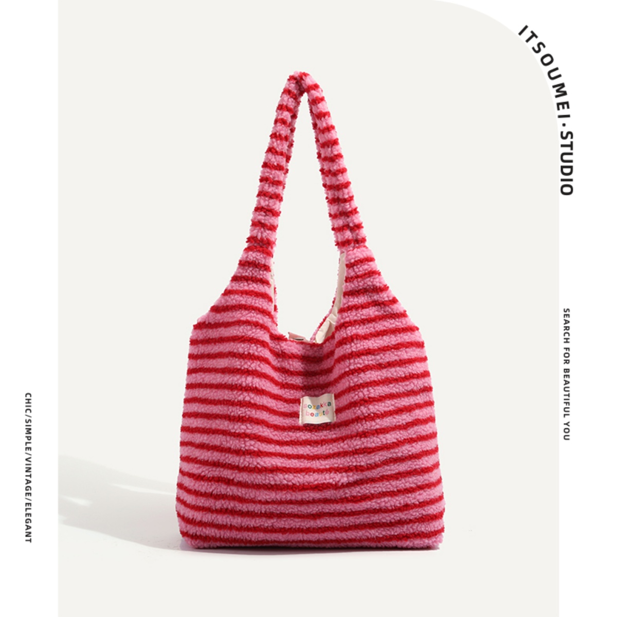 ITSOUMEI红色托特包大容量秋冬季条纹毛绒学院风大包女羊羔毛单肩