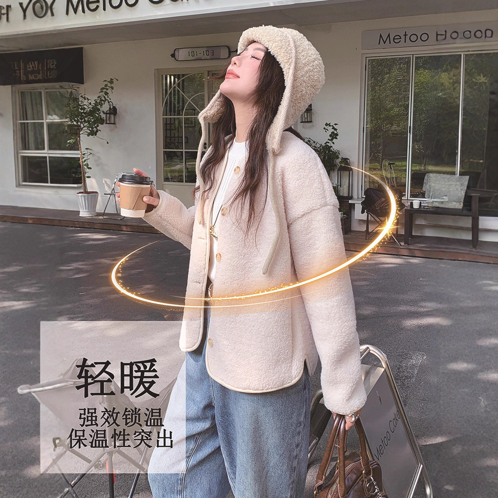 UEK同款男女装仿羊羔绒摇粒绒休闲圆领开衫长袖宽松外套冬季新款