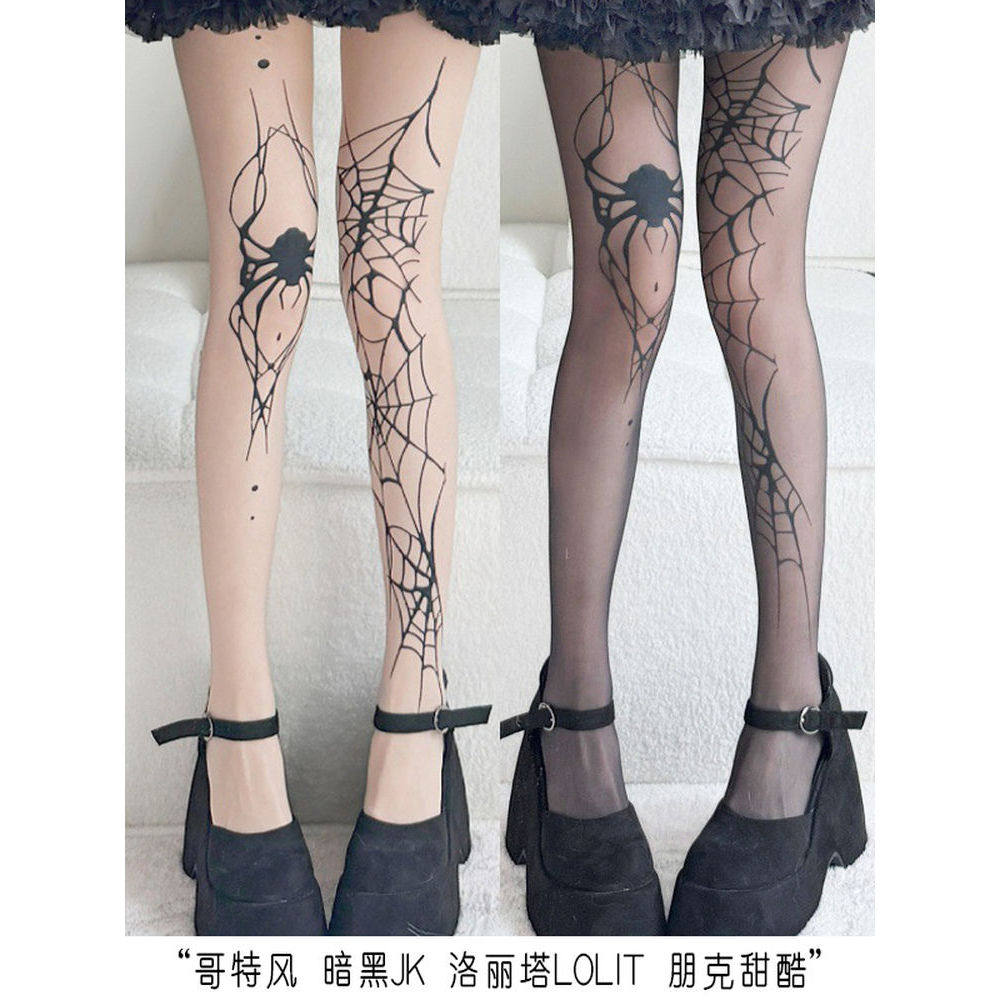 蜘蛛印花丝袜女暗黑lolita哥特风朋克蛛网连裤袜jk亚文化性感黑丝