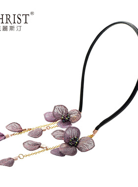 CHRIST克丽斯汀金属纤维花朵流苏细发箍头卡韩国头箍优雅发饰