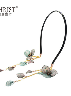 CHRIST克丽斯汀金属纤维花朵流苏细发箍头卡韩国头箍优雅发饰