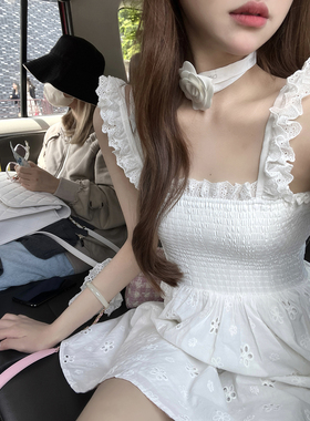 Lily Rosemary/纯爱芭蕾 花边方领吊带连衣裙女夏季收腰小白裙