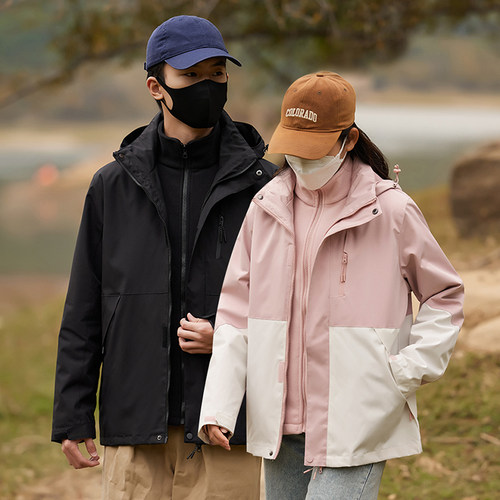 犸凯奴情侣款三合一户外机能风外套加绒可拆卸男女两件套抓绒内胆