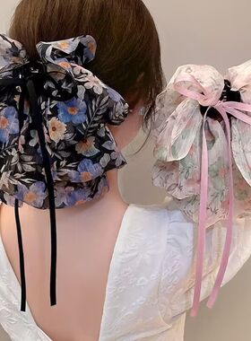 小清新碎花飘带蝴蝶结抓夹森系后脑勺鲨鱼夹盘发半扎发夹发卡发饰