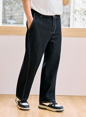 韦恩泽维尔宽松大码男拉链腰明线显瘦分割直筒复古靛蓝牛仔裤9378