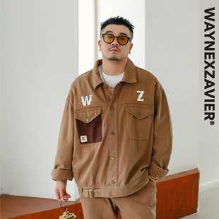 韦恩泽维尔潮牌纯棉休闲工装 外套男宽松加肥加大加绒夹克8900 大码