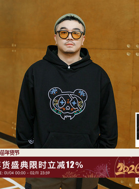 韦恩泽维尔大码加绒连帽黑色卫衣男加厚宽松加肥加大刺绣休闲8983