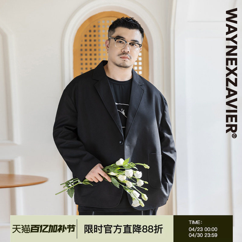 韦恩泽维尔大码商务休闲小西服男士宽松加肥加大黑色西装外套8465