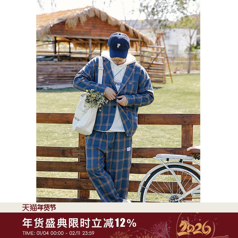 韦恩泽维尔加肥加大码男装单西外套格纹宽松西服休闲西装套装7782