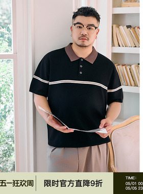 韦恩泽维尔宽松大码男夏翻领垂坠速干复古几何撞色弹力POLO衫7380