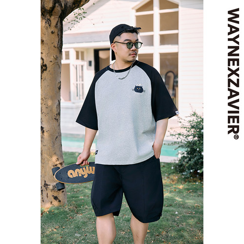 大码男夏卡通印花插肩袖圆领T恤