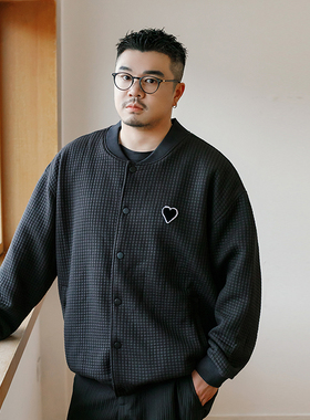 韦恩泽维尔大码轻熟风夹克男宽松秋冬黑色棒球领立体格子外套8621