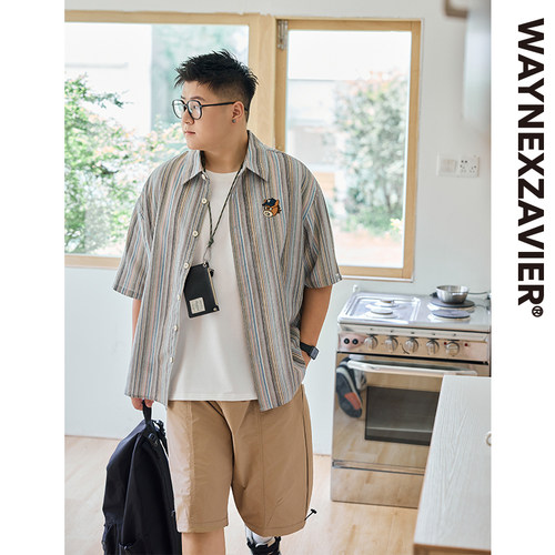 韦恩泽维尔大码男夏彩虹条纹衬衫