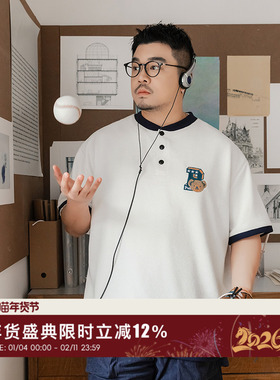 韦恩泽维尔宽松大码男夏学院风棒球领卡通绣花华夫格POLO衫9174