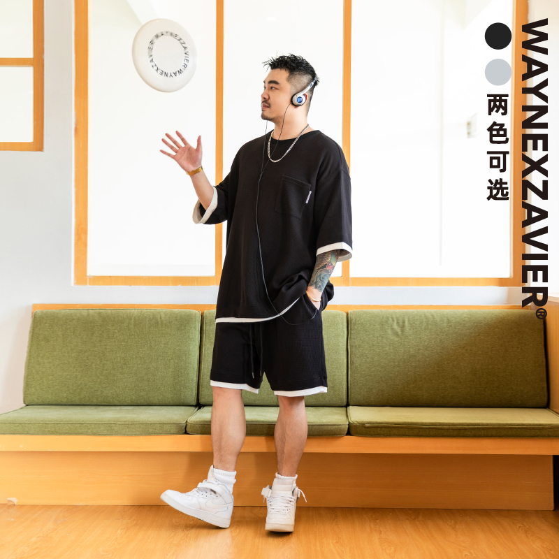 韦恩泽维尔短袖宽松大码拼接T恤