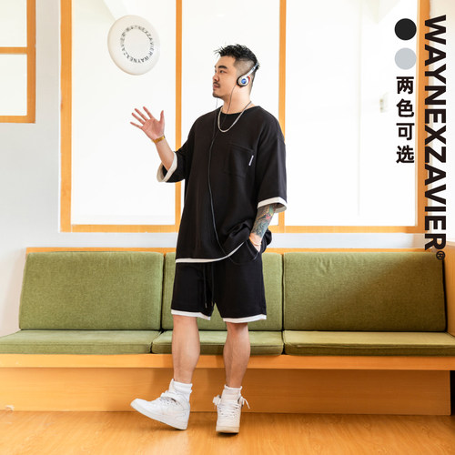 韦恩泽维尔短袖宽松大码拼接T恤