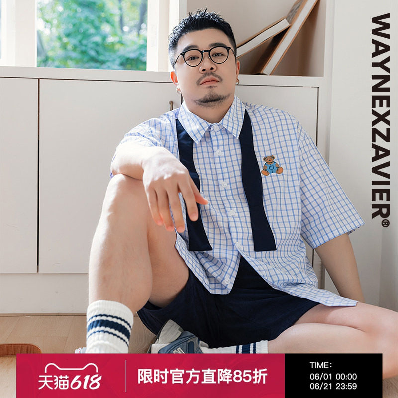 韦恩泽维尔加肥加大宽松大码男夏假领带卡通绣花格子短袖衬衫9173