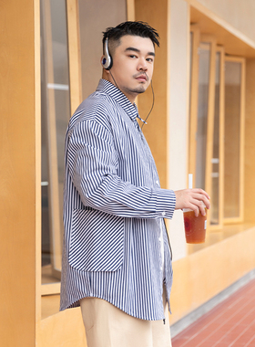 韦恩泽维尔潮牌大码日系蓝色条纹衬衫男加肥加大cityboy衬衣8211