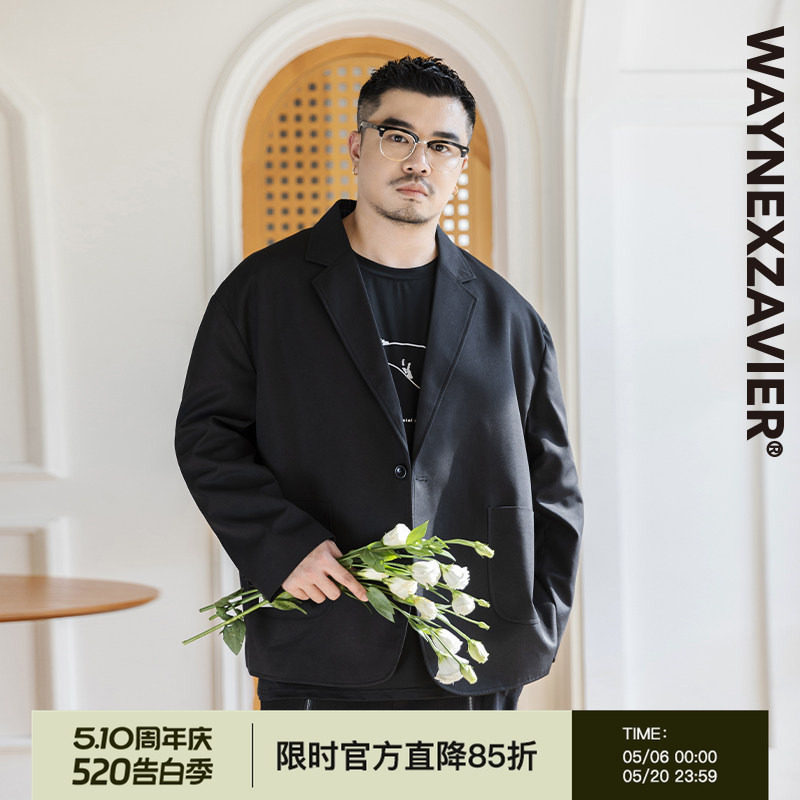 韦恩泽维尔大码商务休闲小西服男士宽松加肥加大黑色西装外套8465