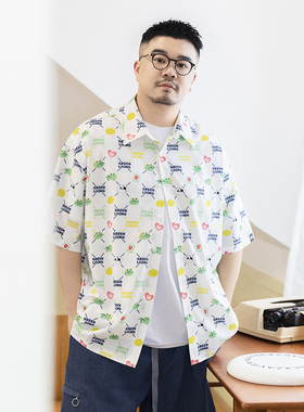 韦恩泽维尔大码花衬衫短袖男宽松夏季加肥加大数码印花休闲薄8722