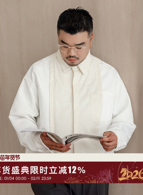 韦恩泽维尔加大宽松大码秋冬男翻领撞色不对称拼接长袖衬衫9258