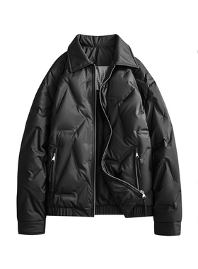 韦恩泽维尔宽松大码潮牌翻领秋冬新款肌理休闲羽绒服外套男25335