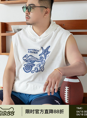 180g韦恩泽维尔宽松大码男夏连帽海洋印花竹节棉薄兜袋背心9106