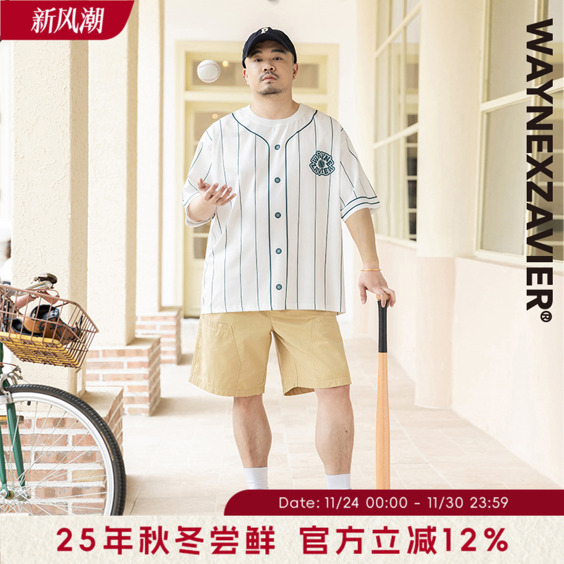 韦恩泽维尔潮牌大码男装加肥加大仿棒球服印花圆领短袖T恤8835