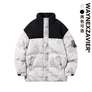 韦恩泽维尔宽松大码 潮加肥加大撞色拼接立领印花棉服夹克外套2502