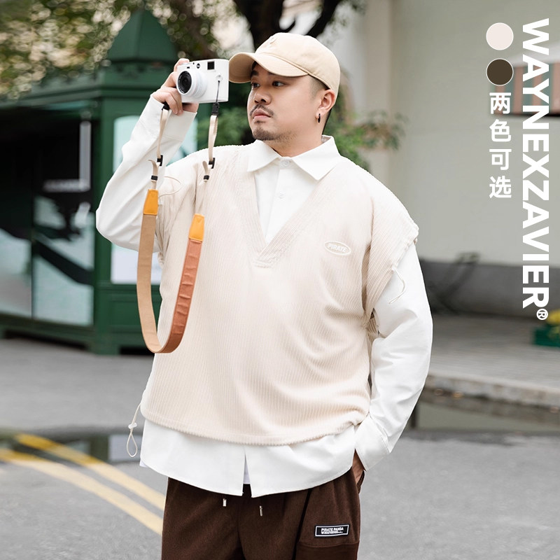 韦恩泽维尔大码灯芯绒V领背心男加肥加大秋冬季外搭宽松马甲7833
