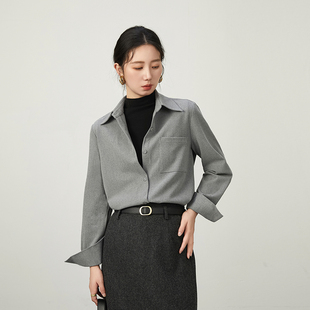高级灰色长袖衬衫女秋冬磨毛叠穿打底气质百搭加绒polo领加厚衬衣
