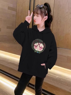粉红色可爱卡通圆领卫衣女童秋冬季欧货大版宽松加绒套头中长款
