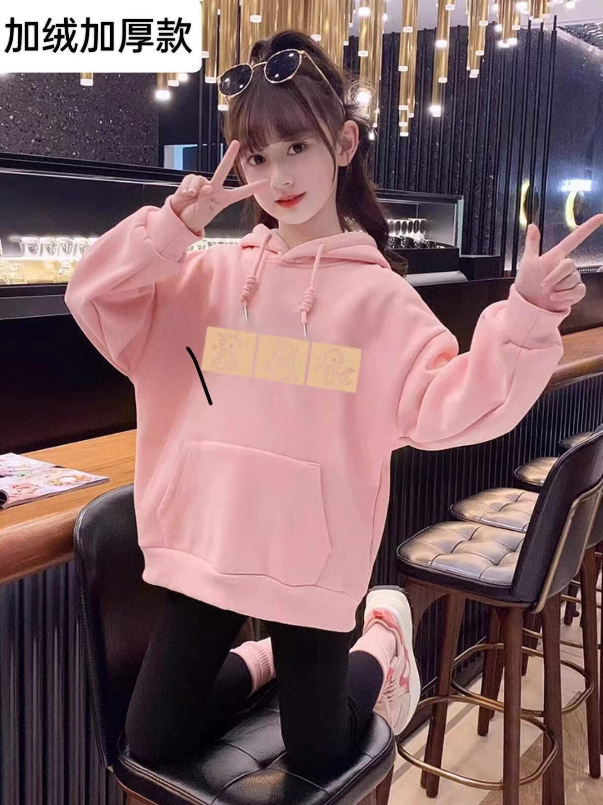 卫衣女童秋冬2023新款加绒加厚宽松小个子日系冬季学生短连帽外套