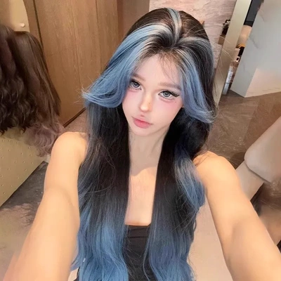 【亚特兰蒂斯】假发女仿真头皮刘海中分黑蓝挑染漫画染长卷发头套