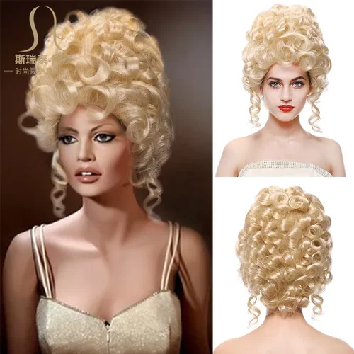 欧美金色节日假发cos高帽复古女宫廷中世纪欧式短卷头套万圣节wig