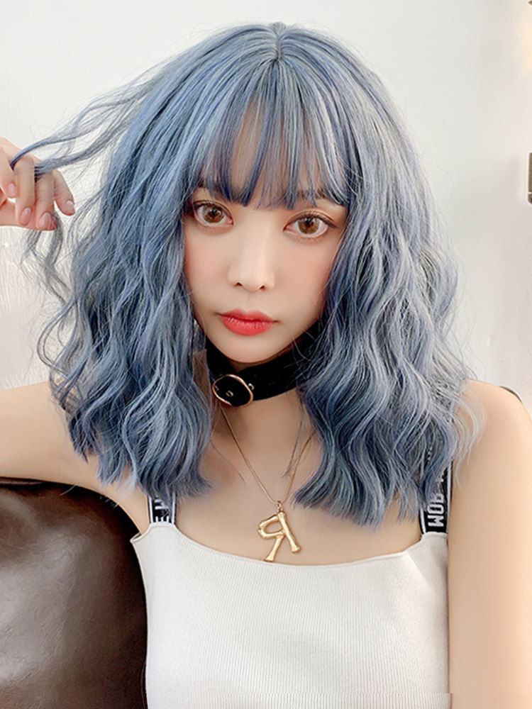 七街皇后假发女短发网红自然全头逼真泡面头蓝色中长发圆脸短卷发