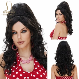 欧美风假发女士长发跨境节日假发长卷发欧洲复古黑色高帽全头套女
