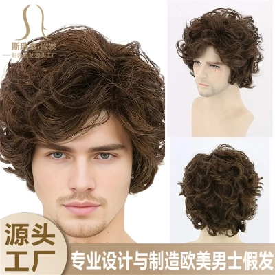 欧美自然棕色harry styles wig短卷发日常卡尼卡龙假发男全头套
