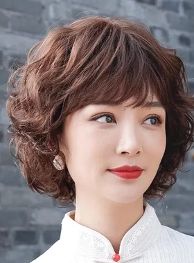 短卷发全头套真人发妈妈梨花烫全头套蓬松透气中老年女士假发头套
