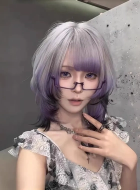 假发女紫黑色渐变爆顶染狼尾中长发coser鲻鱼头男女通用整顶头套