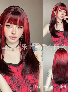 欧美红色渐变假发齐刘海长直发层次感全头套化纤假发hair